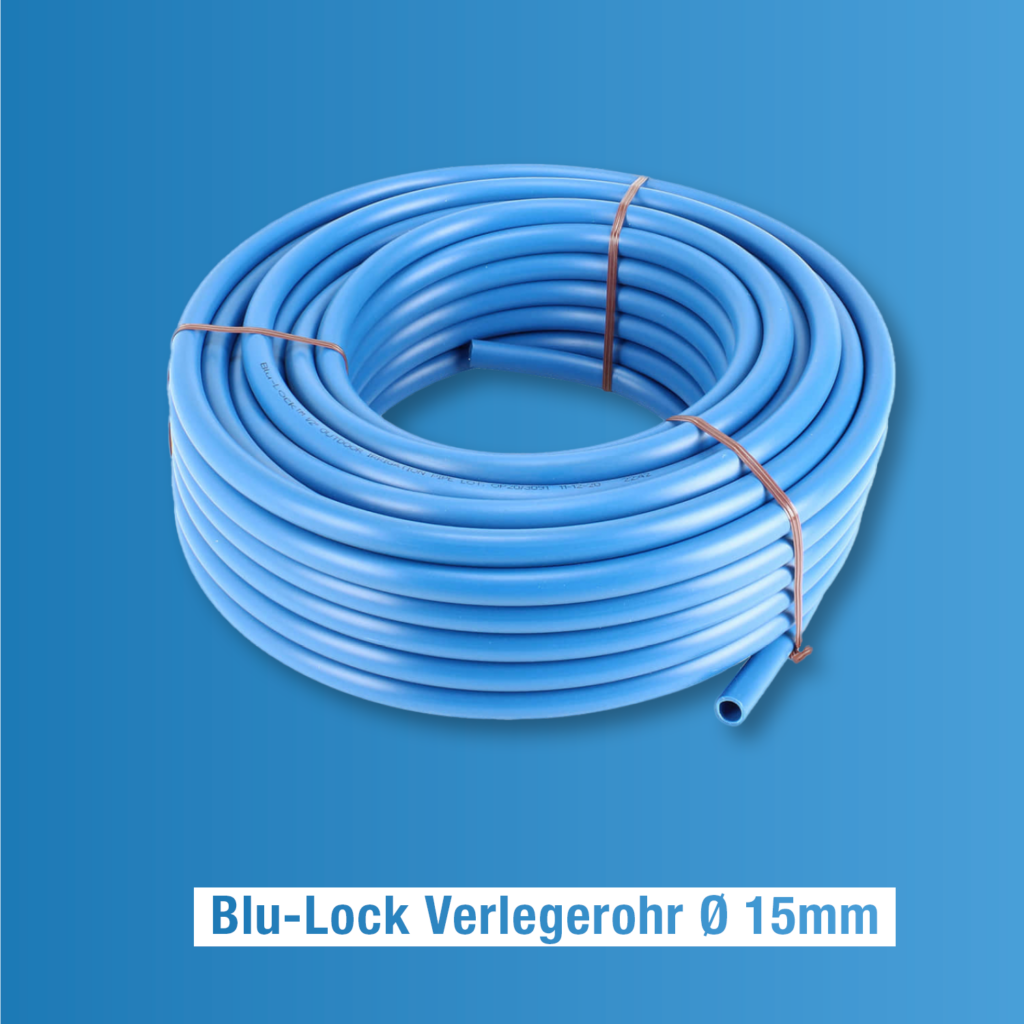 Blu Lock Verlegerohr, 15 mm Durchmesser für Wasserinstallationen und Bewässerungssysteme für Garten und Landwirtschaft, klicken sie hier um in den Online-Shop zu gelangen.